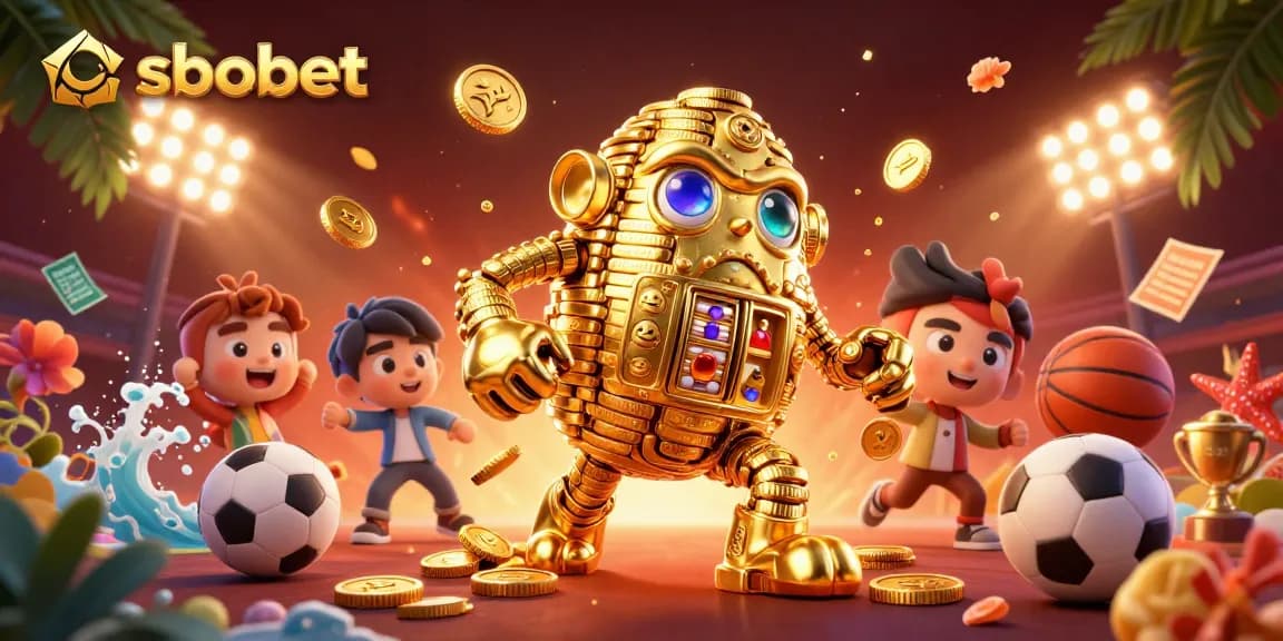Experience sbobet action with a golden golem and dynamic sports betting symbols.