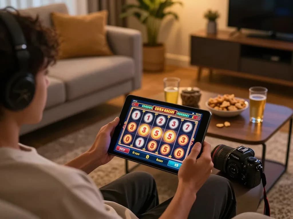 situs slot gacor gameplay in a cozy home setting with a person enjoying online gaming on a tablet