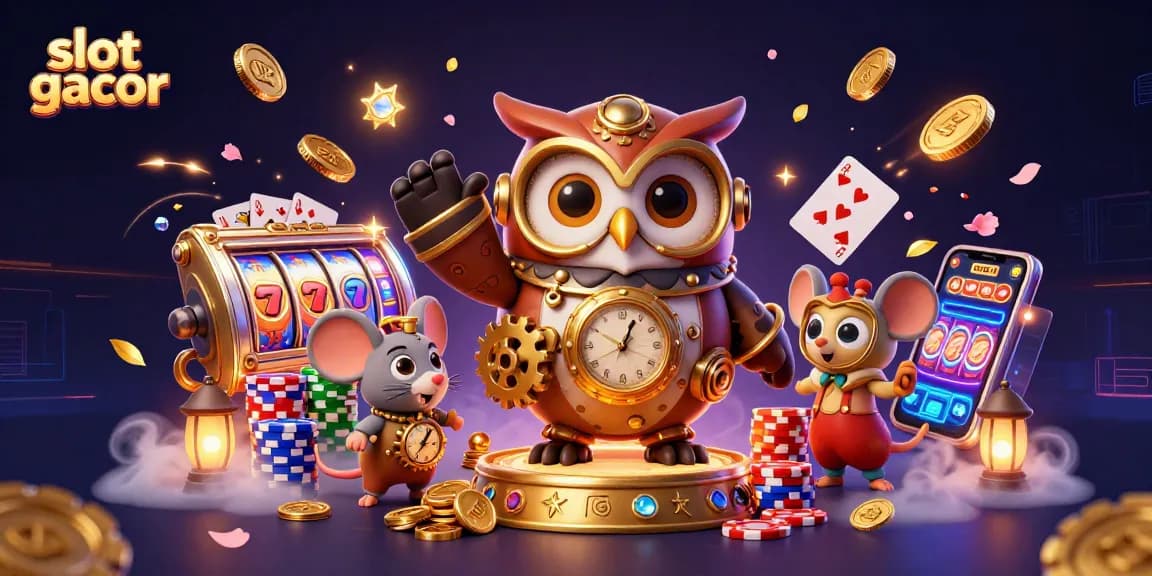 Experience thrilling wins with slot gacor, vibrant 3D scene of cartoon characters amidst casino treasures.
