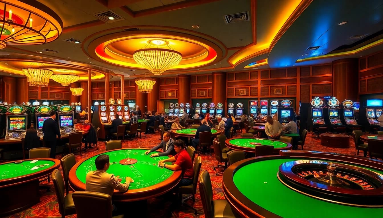 SODO CASINO players enjoying high-stakes poker at luxurious tables with vibrant slot machines