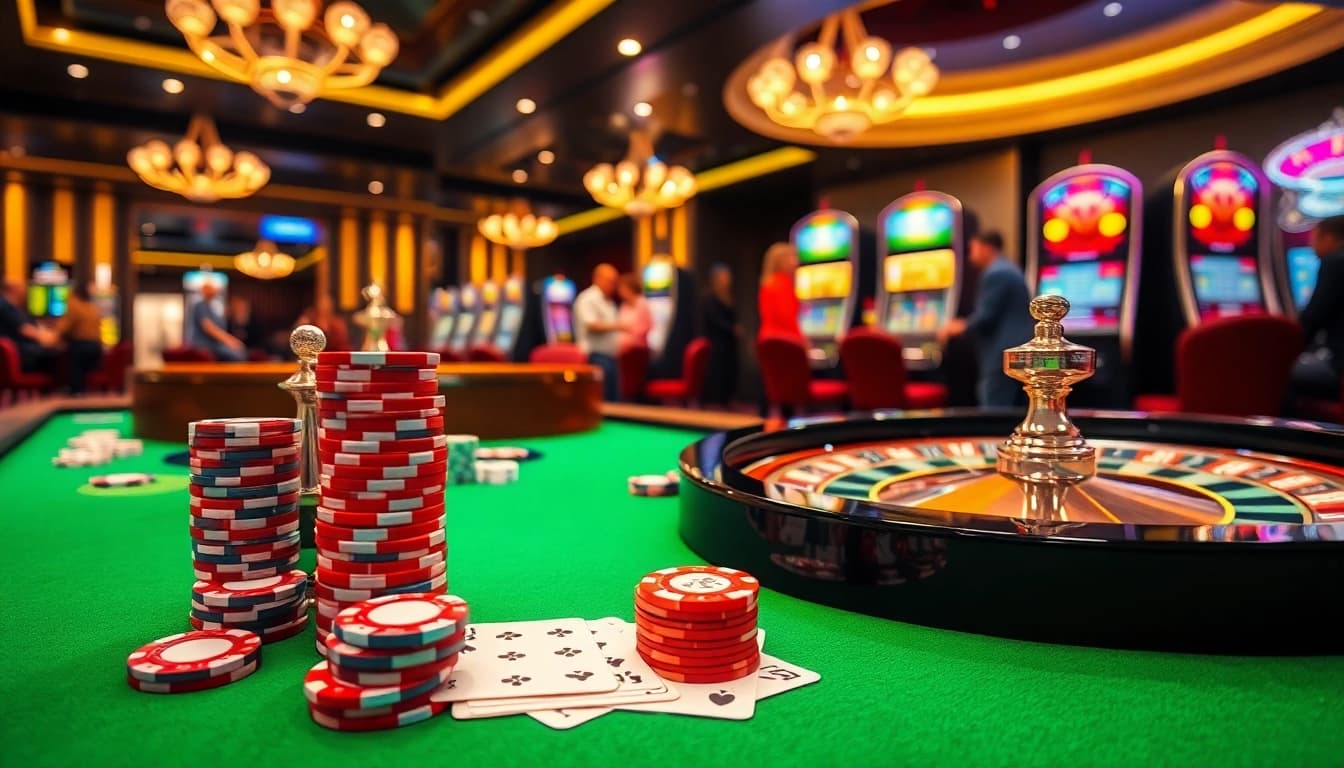 Players enjoying their time at xn88 xn 88 with poker chips and cards at a vibrant casino table.