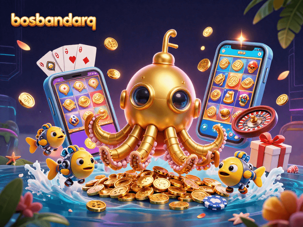 Engage with bosbandarq's thrilling casino experience, featuring a kraken submarine amidst golden coins and lively gaming elements.