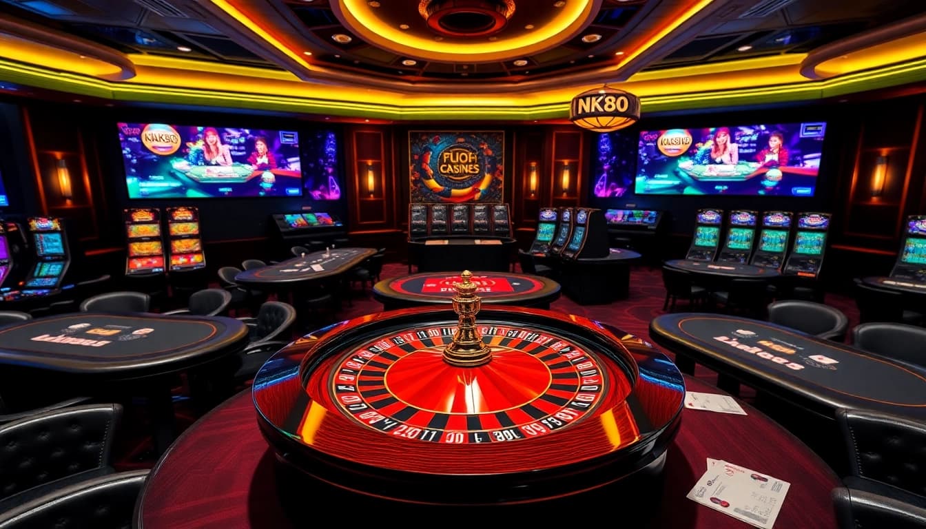 Experience the thrill of NK88 with vibrant casino tables featuring poker chips and roulette games.