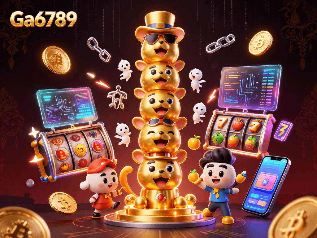 Engage with Ga6789 through a vibrant scene of a golden totem pole surrounded by slot elements and crypto coins.