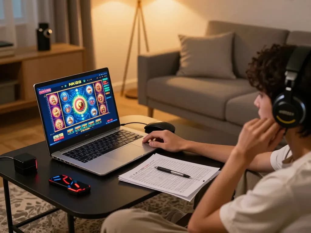 Playing NK88 chính thức online, showcasing vibrant slot action on screen with gaming accessories
