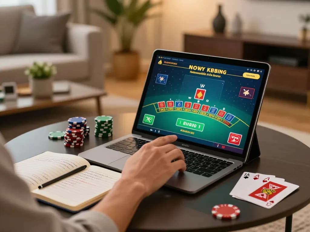 SC88 player placing a strategic bet in an online blackjack game while taking notes on gambling strategies.