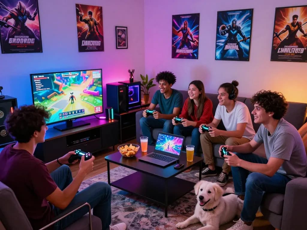 Group enjoying online games on a cozy setup with sun win branding, illuminated screens, and snacks.