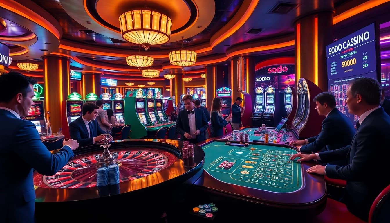 SODO CASINO players engaging in high-stakes poker surrounded by vibrant games and betting options.