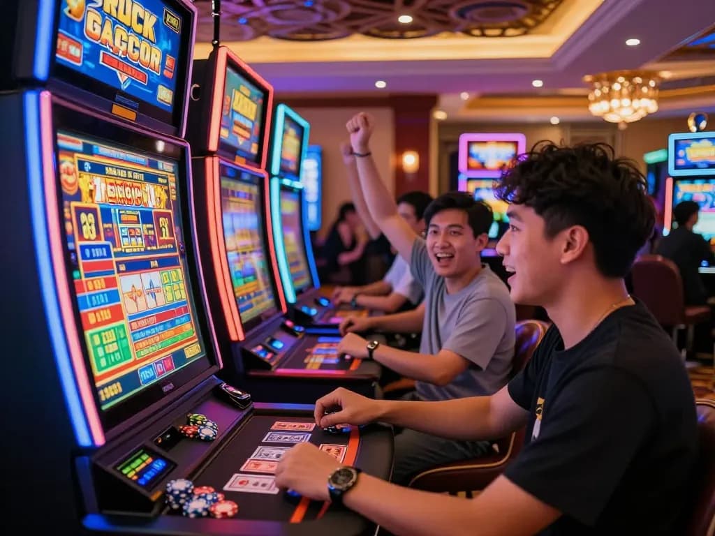 Pemain yang terlibat merayakan di mesin slot gacor di tengah cahaya dan aksi melimpah kasino.