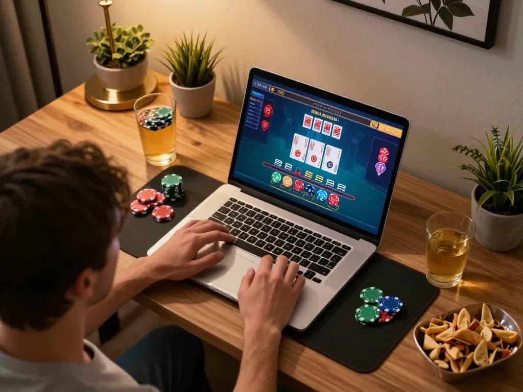 A player enjoys a live dealer experience at nhà cái cm88 using a laptop in a cozy setup