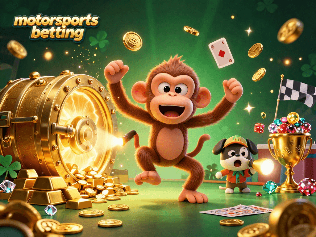 Engage in motorsports betting action with a playful scene of a mischievous monkey and a puppy, capturing the thrill of racing.