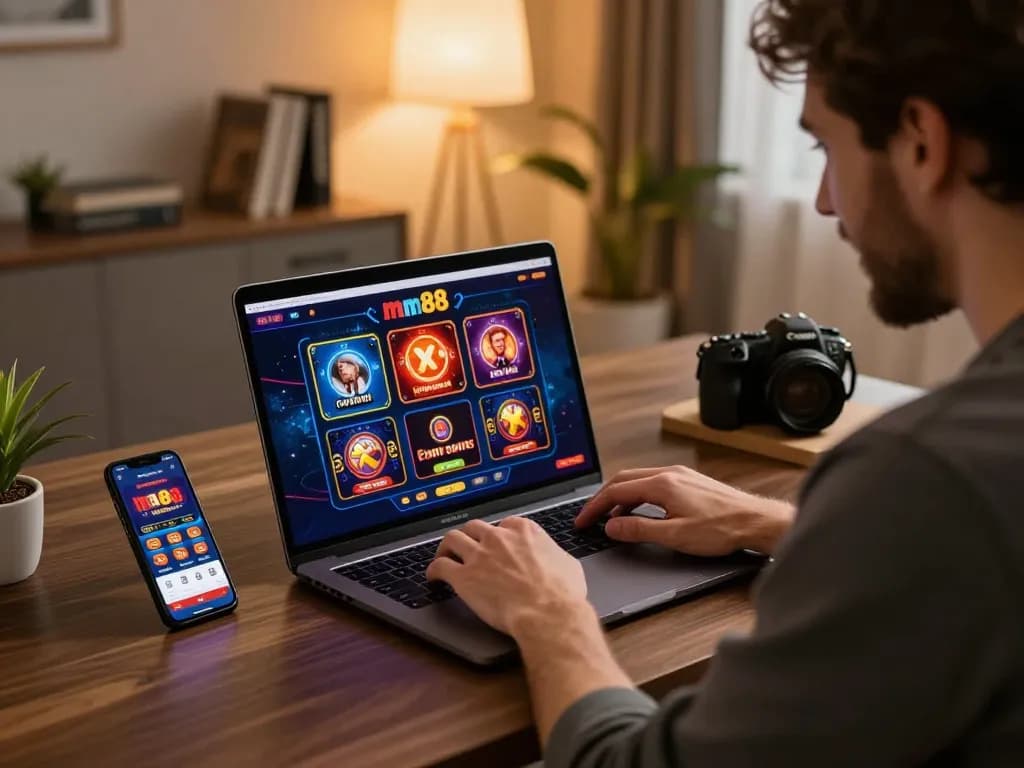 Player engaging with mm88 online casino interface on laptop, showcasing an immersive home gaming atmosphere.