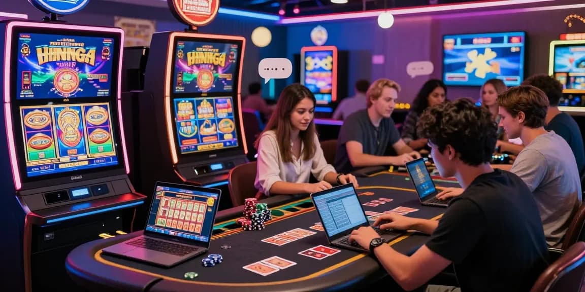 Players enjoying new online casinos with live dealer games and vibrant slot machines in a modern digital space.