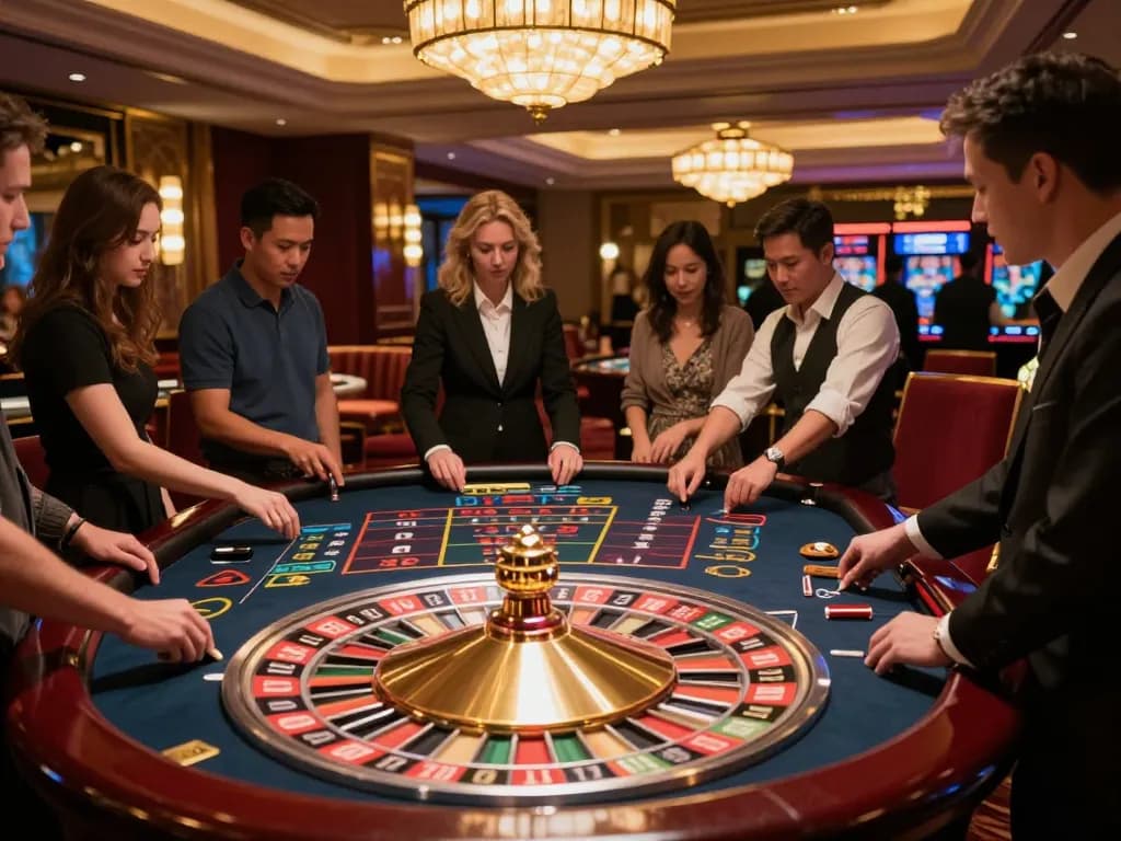 Players having fun at the nk88mvp roulette table, betting on the spinning wheel in an upscale casino.