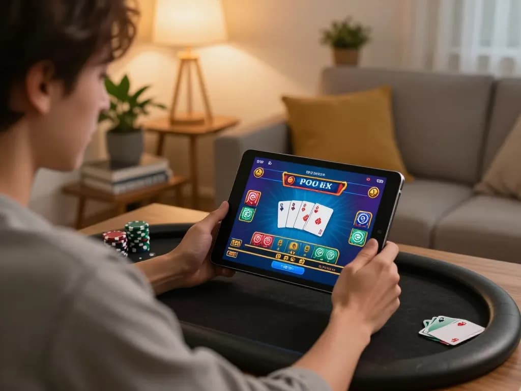 Kuwin player engaging in online poker strategy from home with tablet, showcasing responsible gambling.