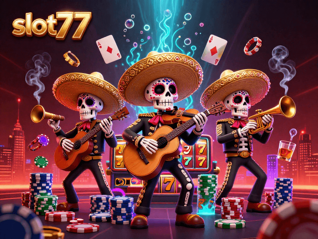 Experience thrilling moments at slot77 with vibrant gaming scenes filled with lucky symbols and mariachis.