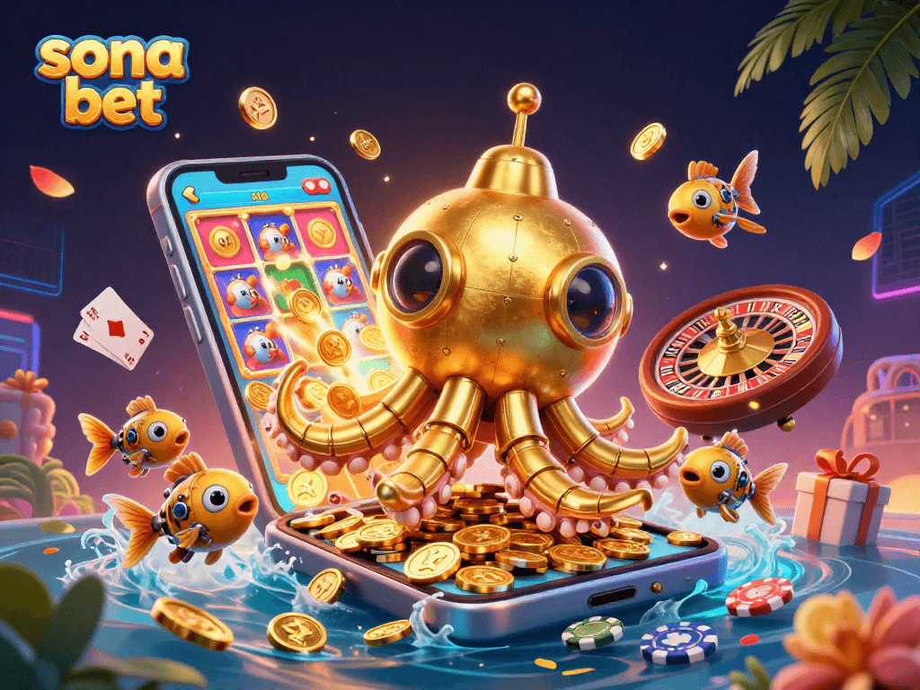 Sona bet engages players with dynamic slot game excitement amidst golden coins and mechanical fish.