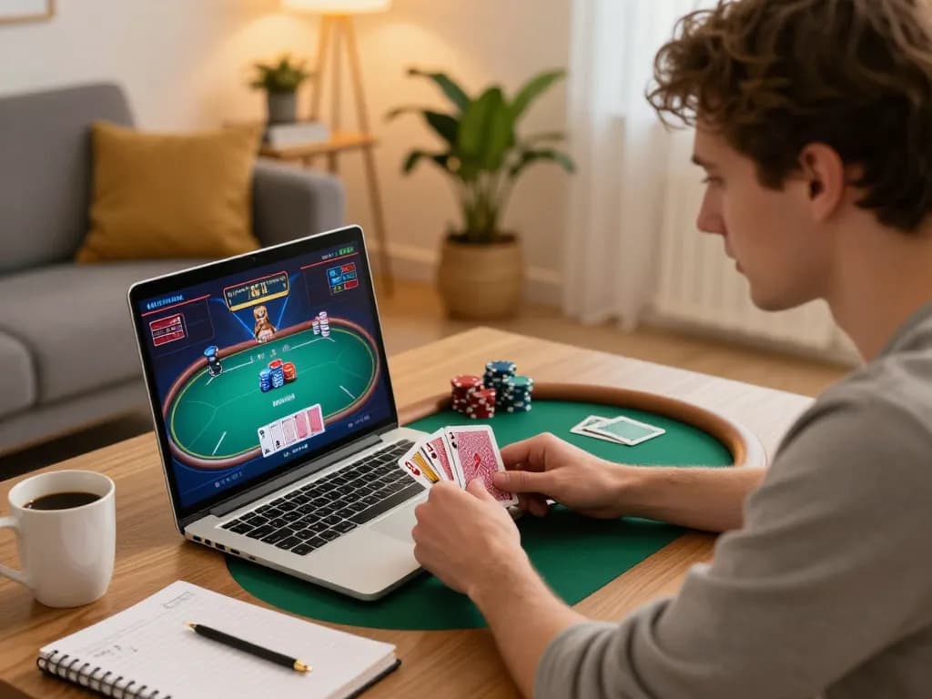An engaged player managing a winning hand in an online casino environment at home using casinosscope strategies.