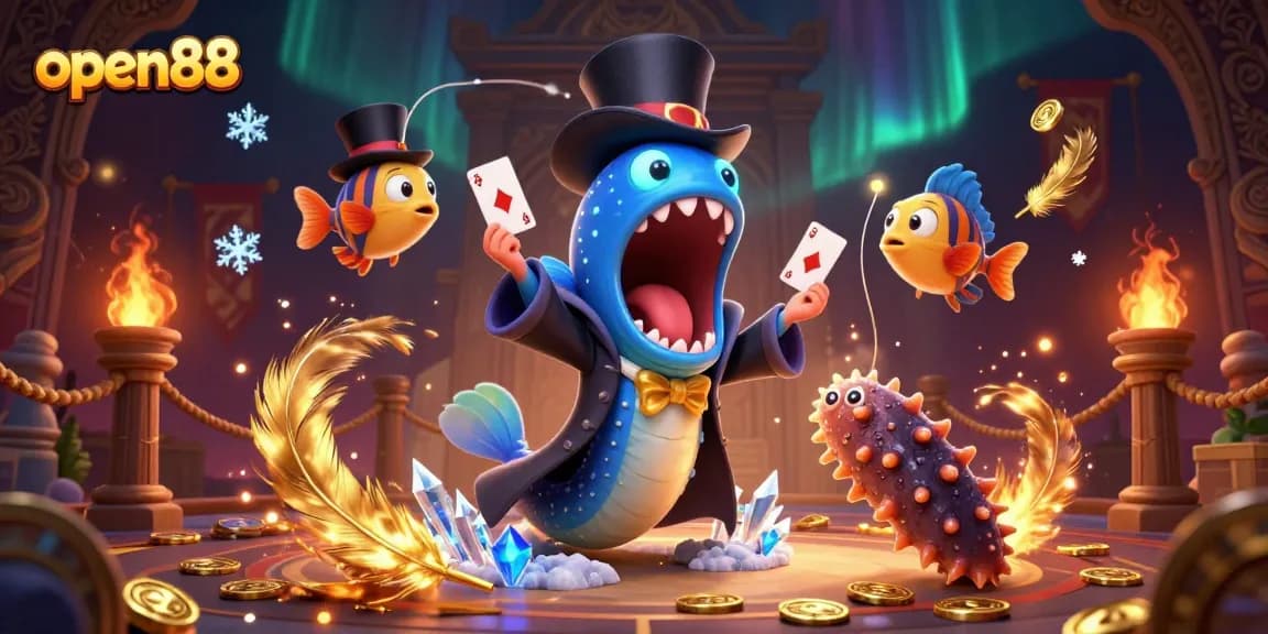 Watch the open88 deep-sea characters perform amazing card tricks in this vibrant casino-themed illustration.