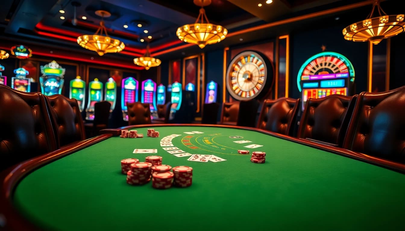 Experience the excitement of 23win at a luxurious poker table with vibrant chips and cards.