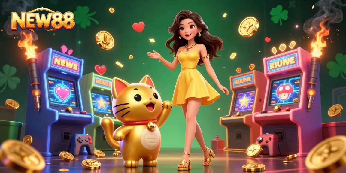 Engage with NEW88's vibrant casino scene featuring a cheerful woman and lucky cat among gaming elements.