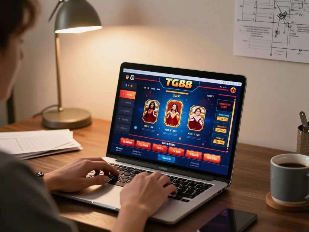 Tg88 đăng nhập on a laptop screen showing vibrant casino gameplay in a cozy home setting.