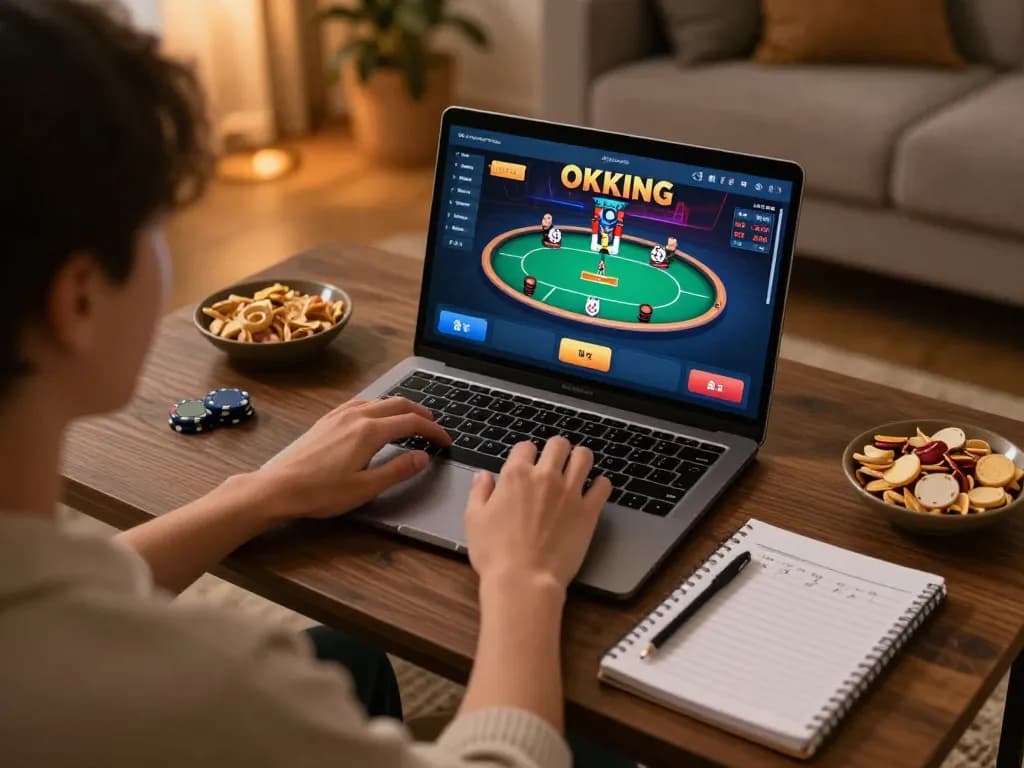 Playing OKKING poker on laptop with engaging gameplay in cozy home environment