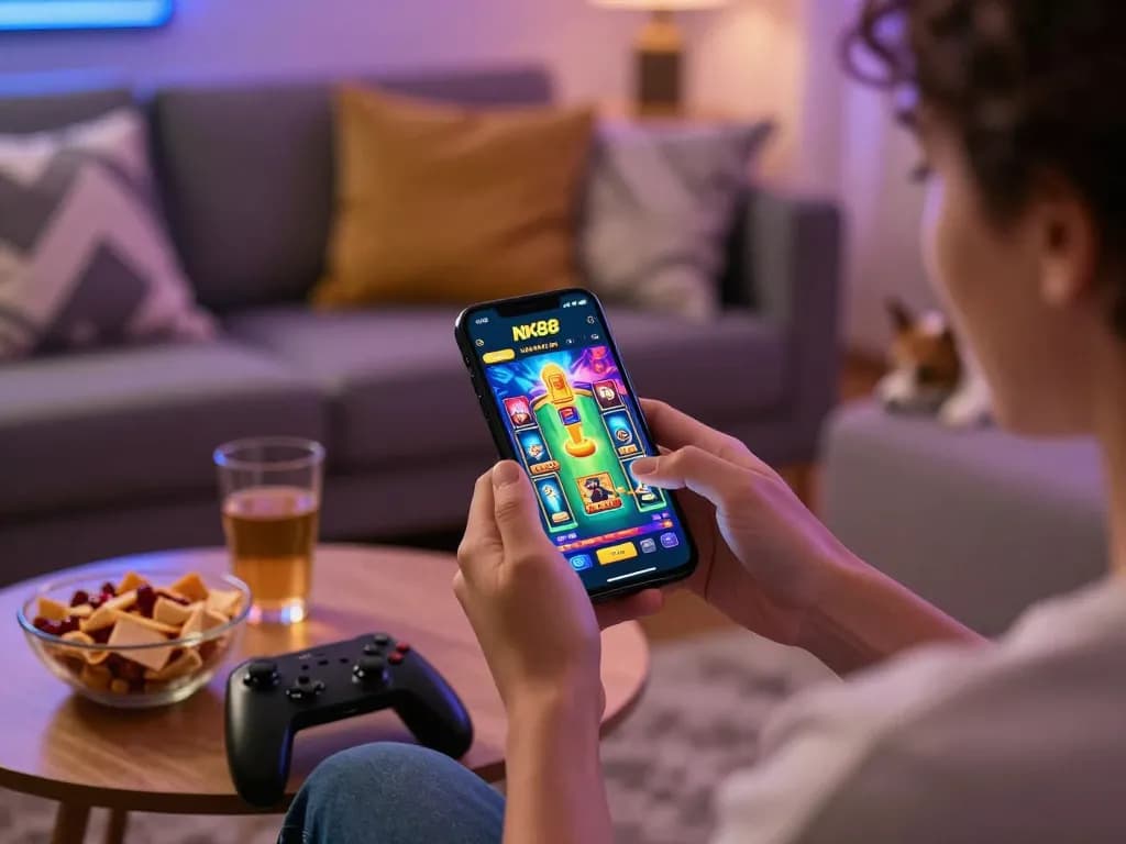 Engaging NK88 mobile app scene showcasing vibrant gaming experience at home.