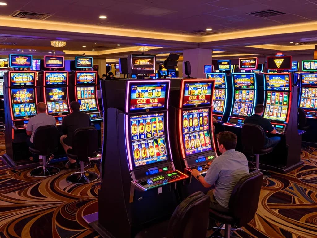 Players enjoying exciting slot games in a vibrant casino atmosphere, showcasing colorful machines and dynamic gameplay.