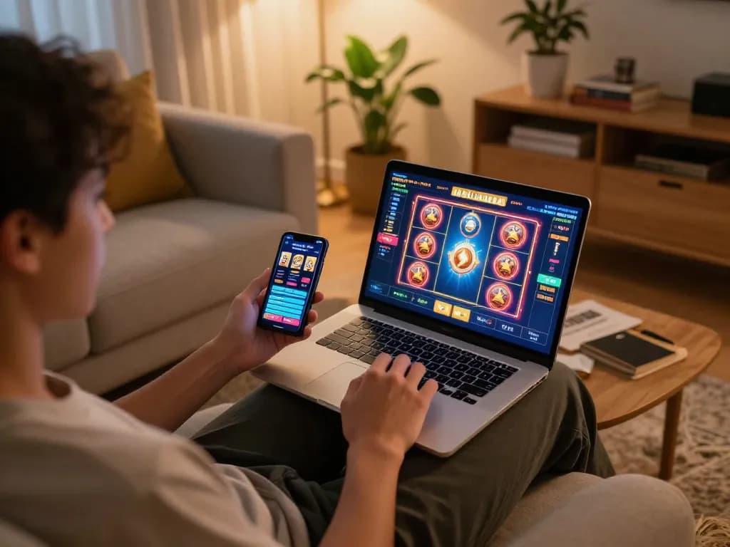 A player enjoys aman788 gaming experience on their laptop at home with a cozy setup.