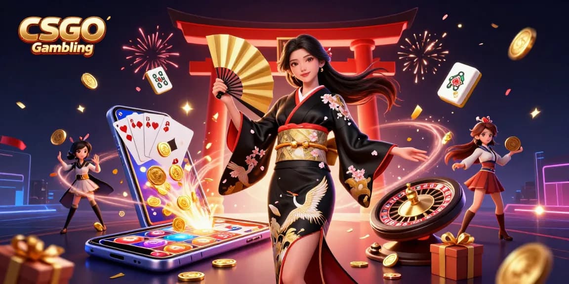 Rasakan Perjudian CSGO dengan visual yang hidup dari permainan slot, koin, dan elemen perayaan dalam sebuah adegan yang menarik.
