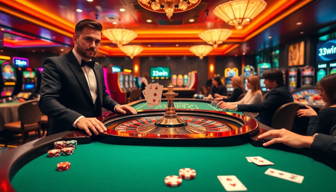 Exciting gameplay at a casino table featuring 13win logo and vibrant poker chips.