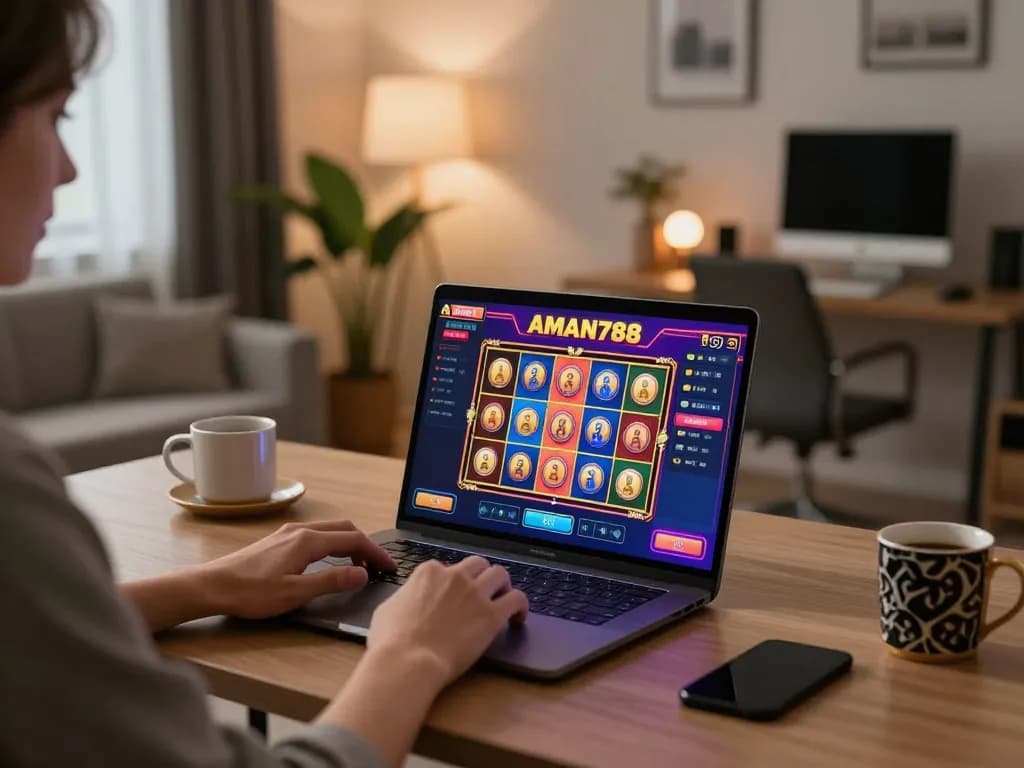 Sesi permainan slot online yang menarik di antarmuka AMAN788 yang menyoroti gulungan yang vibrant dan gameplay strategis.