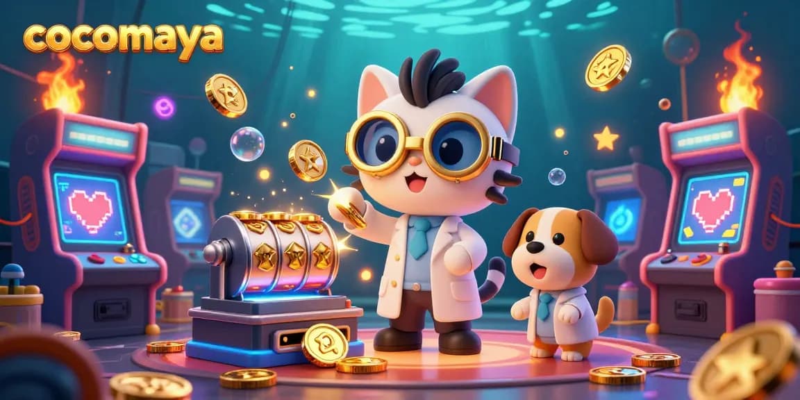 Experience thrilling gameplay with cocomaya's casino-themed 3D illustration featuring exciting slot reels and golden coins.