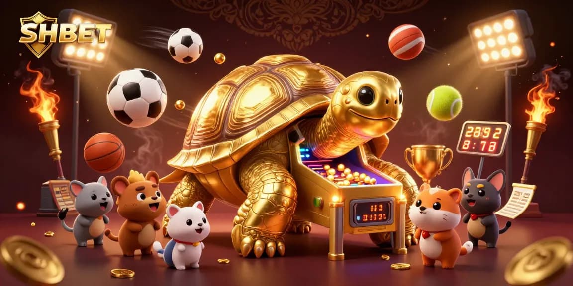 SHBET players enjoy thrilling bets with a colossal golden tortoise pinball machine in a vibrant gambling arena.