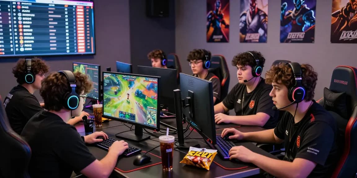 Team playing rikvip in an immersive esports gaming environment with vibrant displays and focused atmosphere.