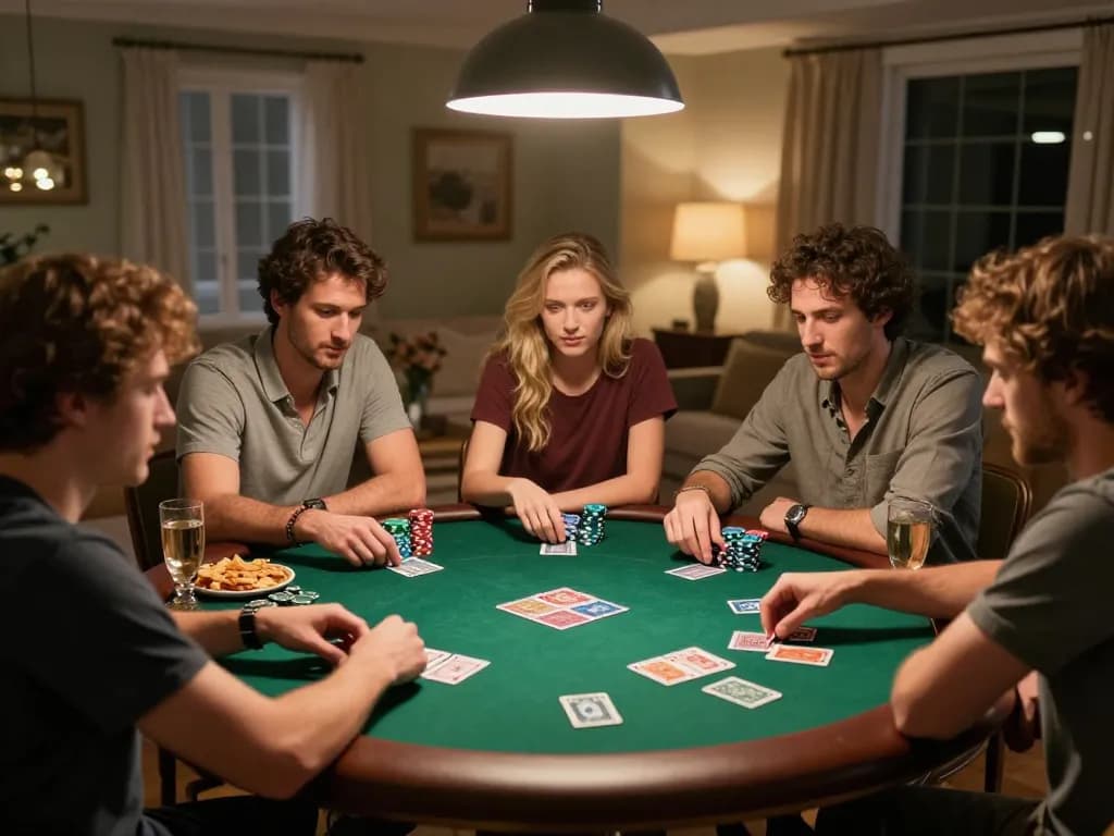 Enjoying a strategic poker night with friends at home, showcasing dn88's social gambling environment.
