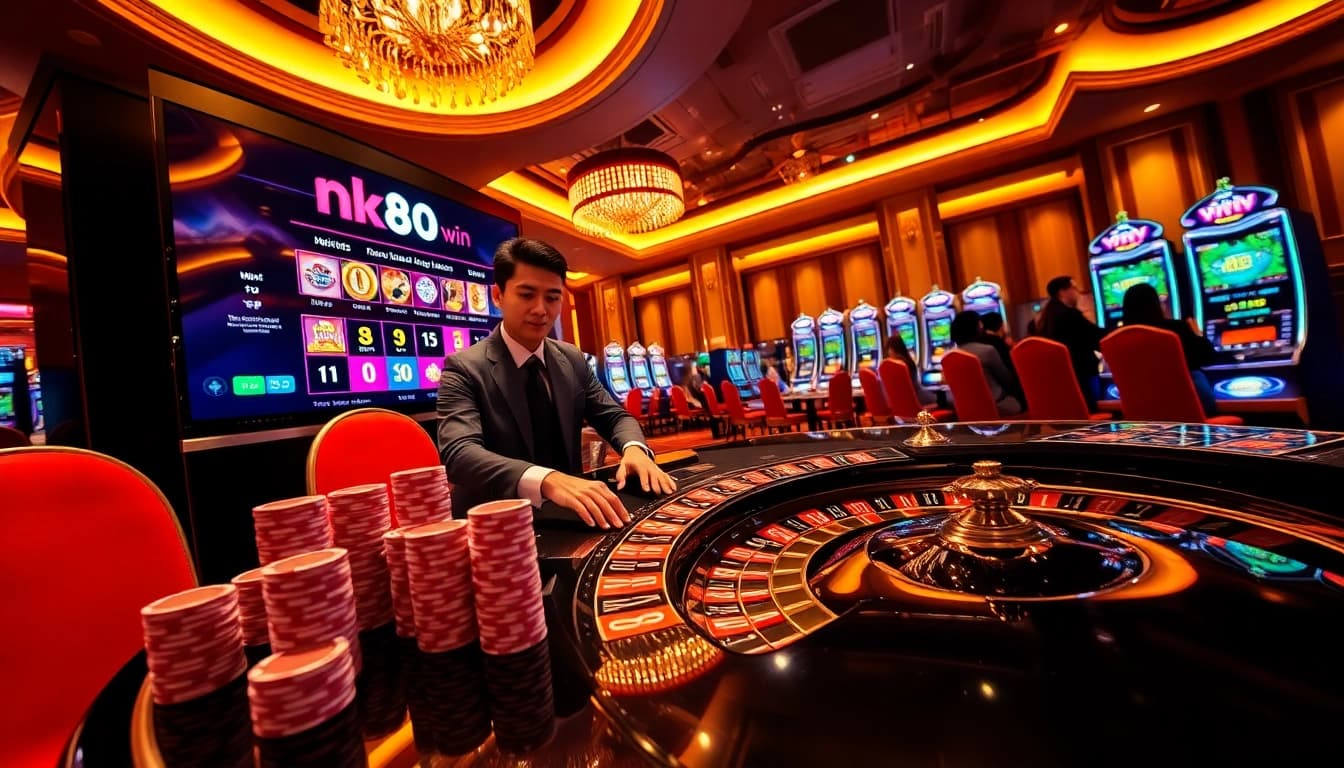 Professional gambler placing strategic bets at an NK88 win roulette table with vibrant chips and digital casino interface