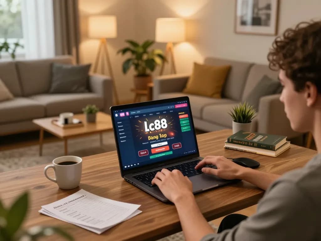 Engaging Lc88 đăng nhập scene featuring online gaming on a laptop in a cozy home setup.