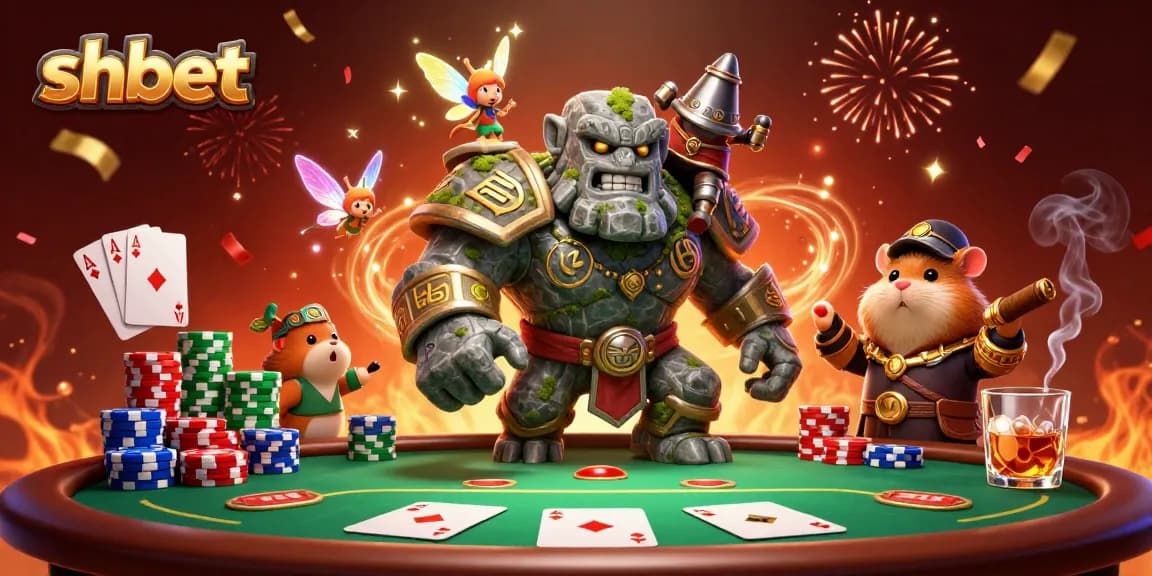 Engage with shbet’s exciting poker action featuring a magical golem and knight!