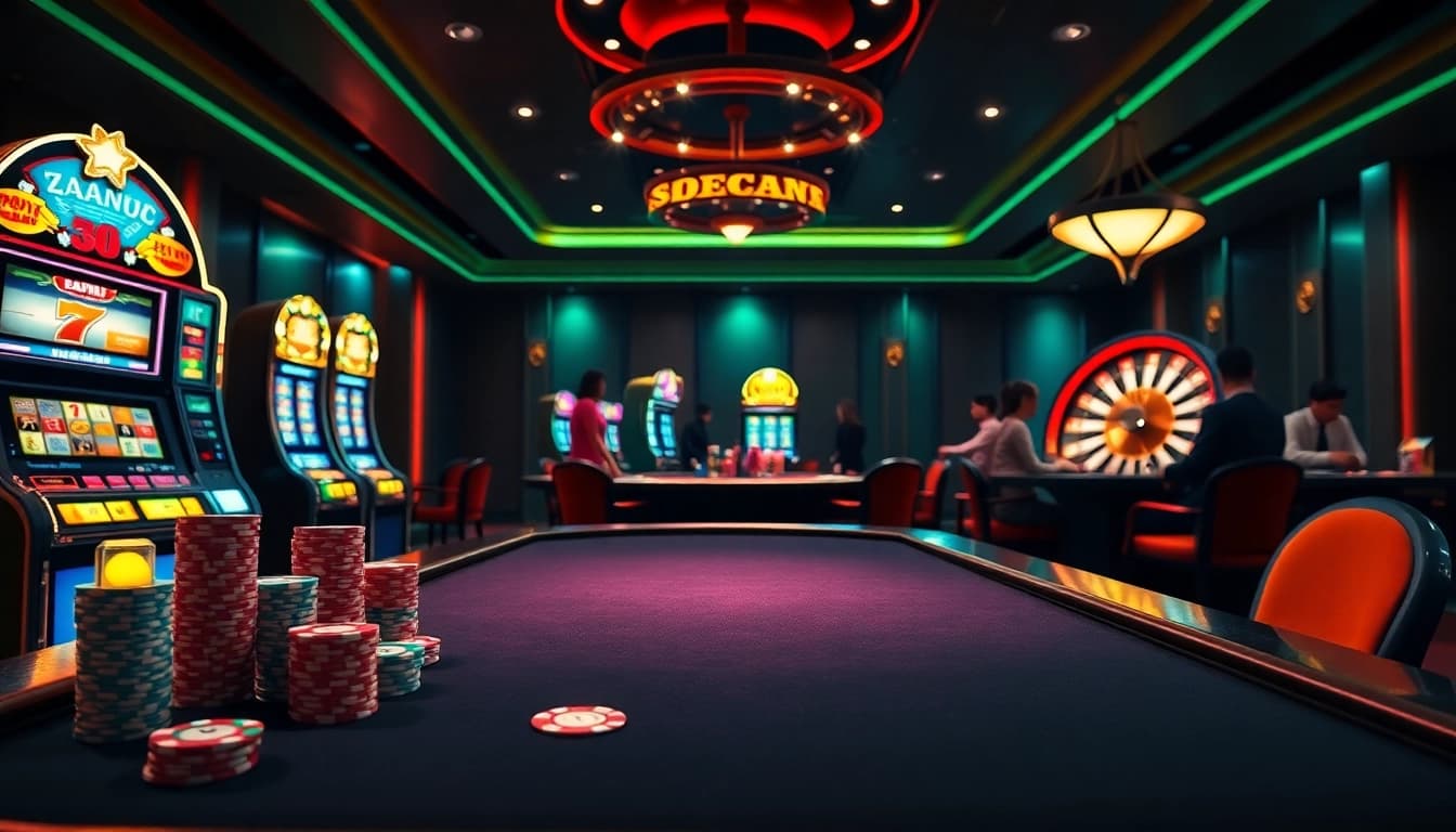 Engage with QQMacan's exciting casino atmosphere featuring vibrant slot machines and poker action.