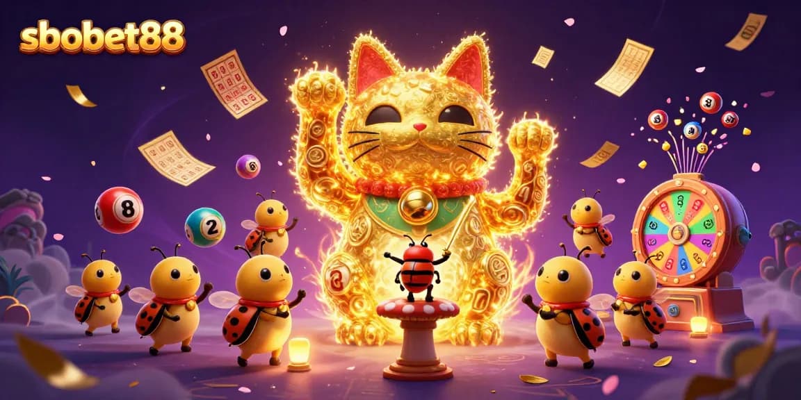 Experience the excitement of sbobet88 with a vibrant illustration of a lucky cat symbol amidst dynamic casino elements.