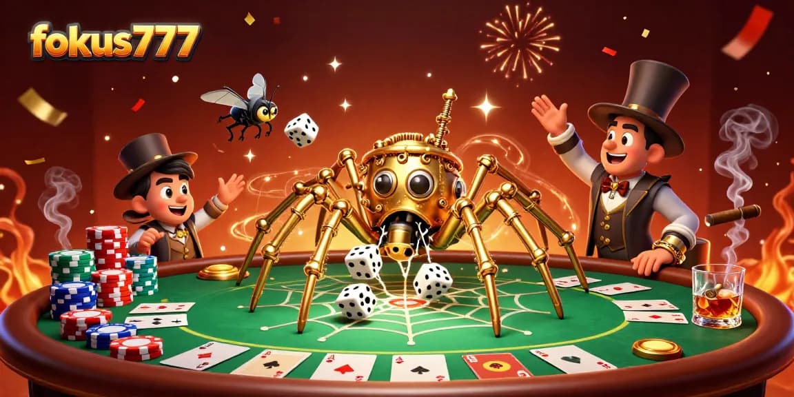 Catch the thrilling fun of fokus777 with a steampunk golden spider and poker elements.