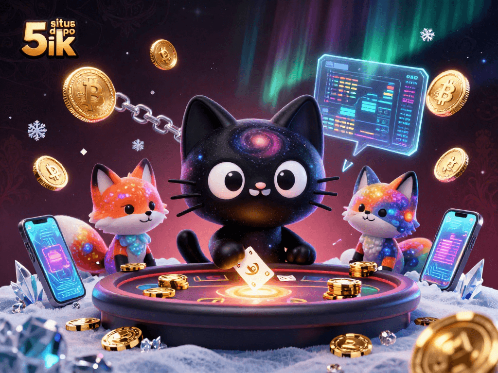 Engage with situs depo 5k at a cosmic casino featuring colorful characters and swirling quantum elements.