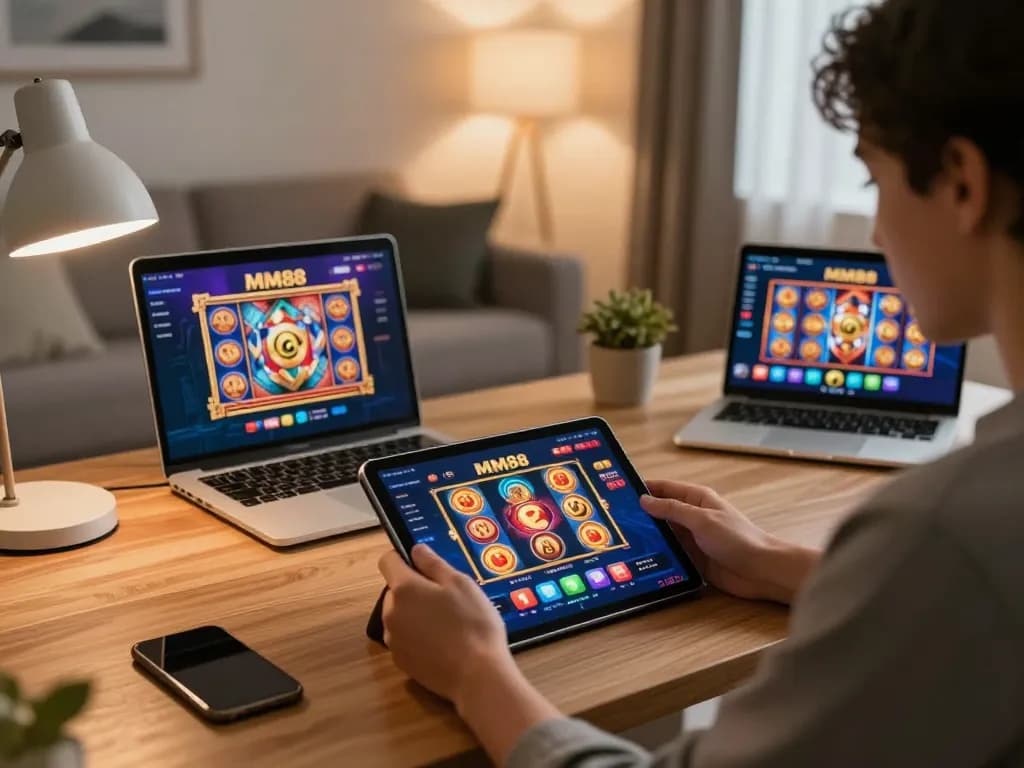 Player enjoying MM88's mobile gaming app in a cozy setting for strategic online gambling.