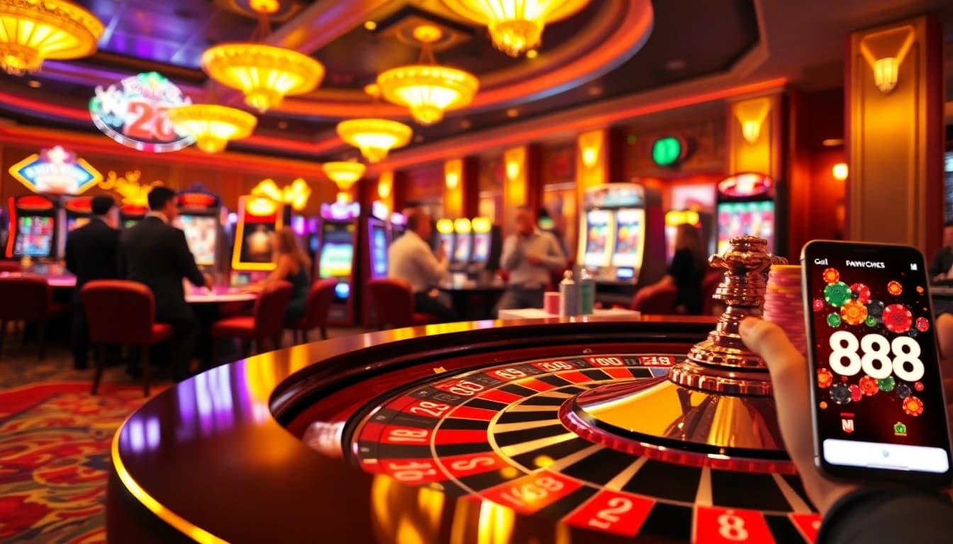 Exciting scene showcasing NEW88 online casino with vibrant roulette table and thrilled players.