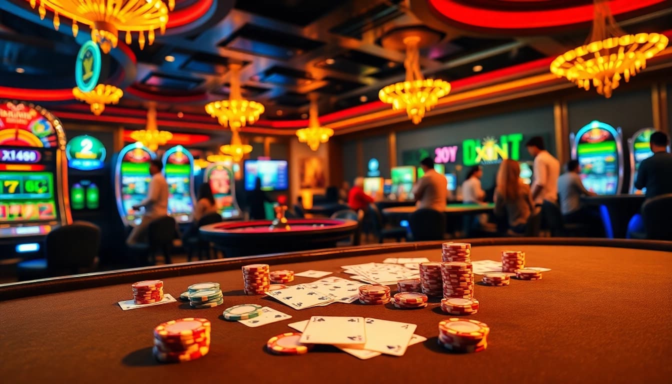 Xin88 offers an exciting poker table scene with vibrant chips and casino atmosphere for online gaming.