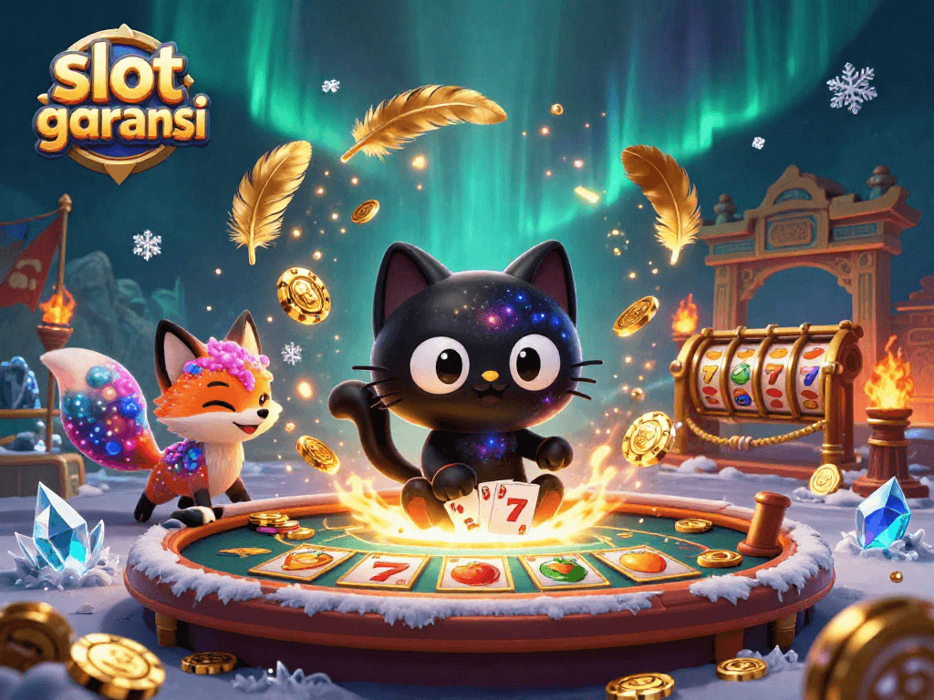 Spin and win with slot garansi as cosmic characters pull in golden chips and cards in a vibrant casino.