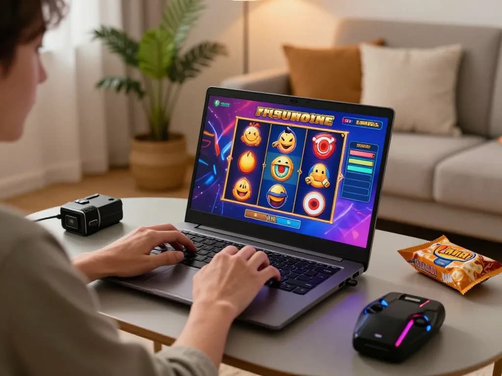 Player enjoying slot online on a laptop with colorful graphics in a cozy home setting