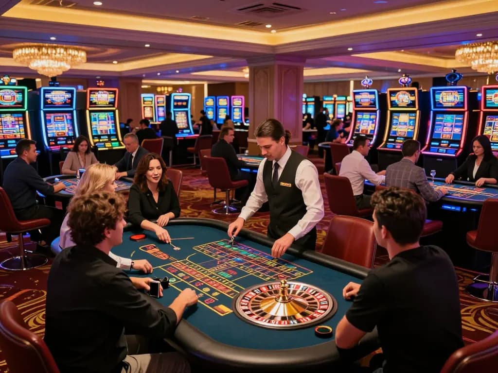 KJC betting excitement at roulette tables with players engaged, vibrant casino lighting